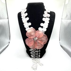 Maya Signed Large Flower Rose Quartz Rock Crystal Vintage Statement Necklace